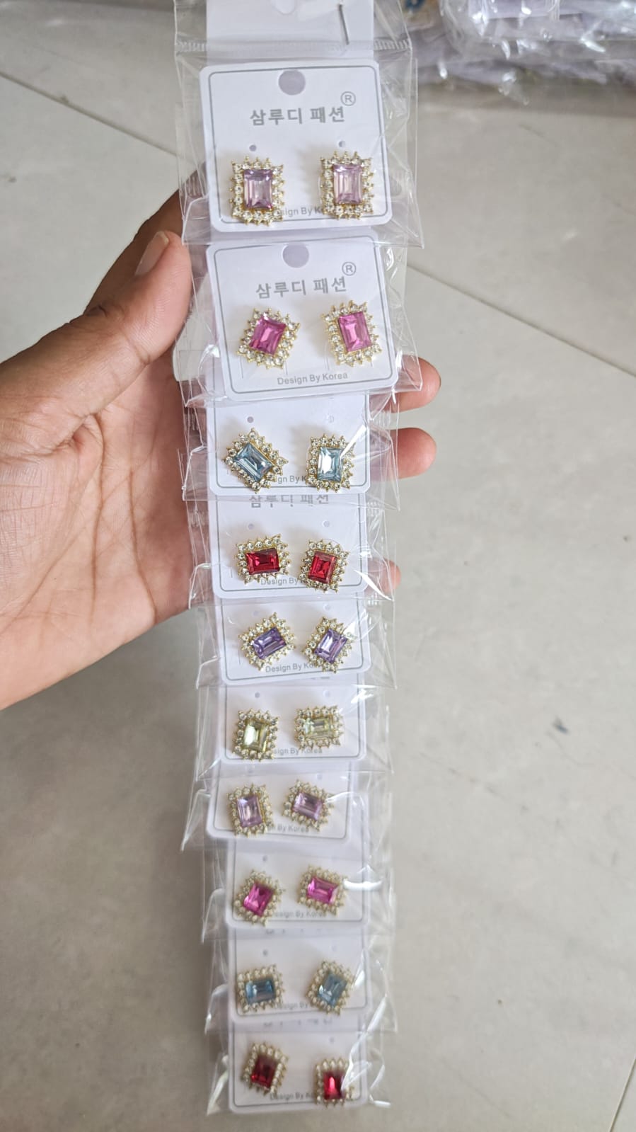 rectangular crystal stud earrings with rhinestone halos