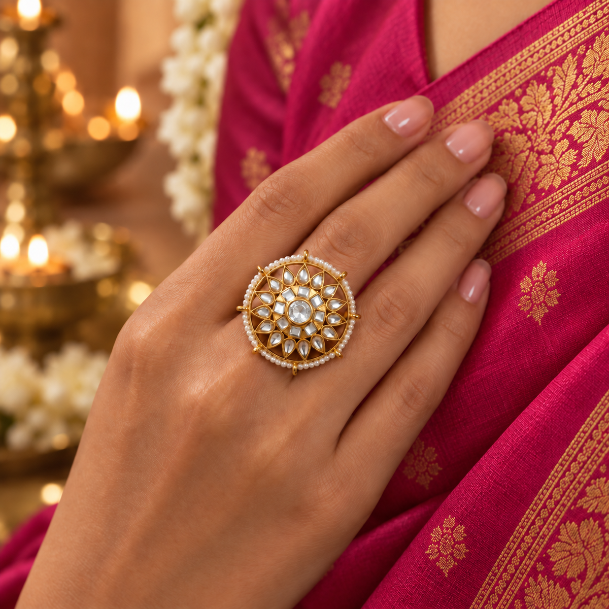 Traditional White diamond Kundan ring