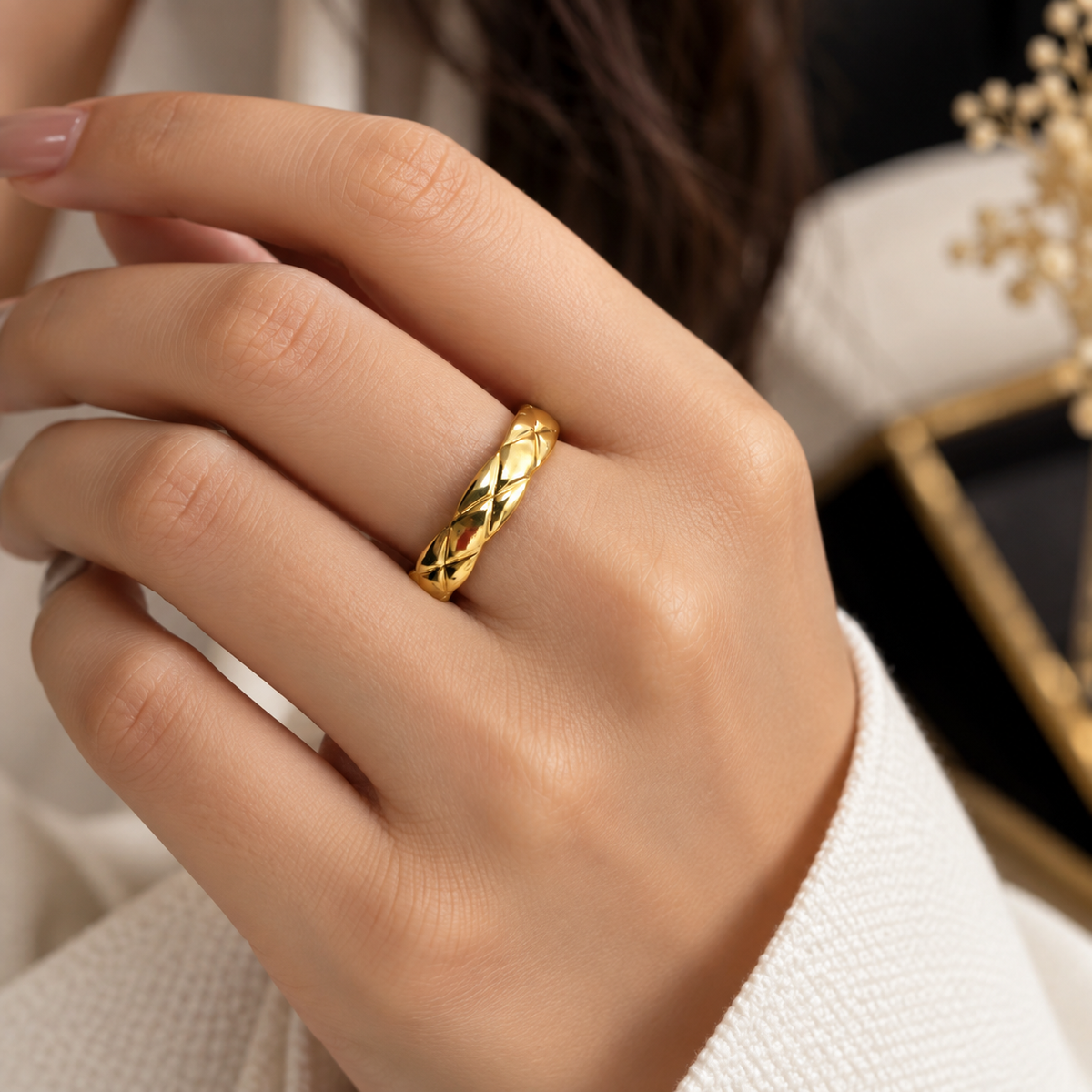 Golden Criss-Cross Textured Band Ring