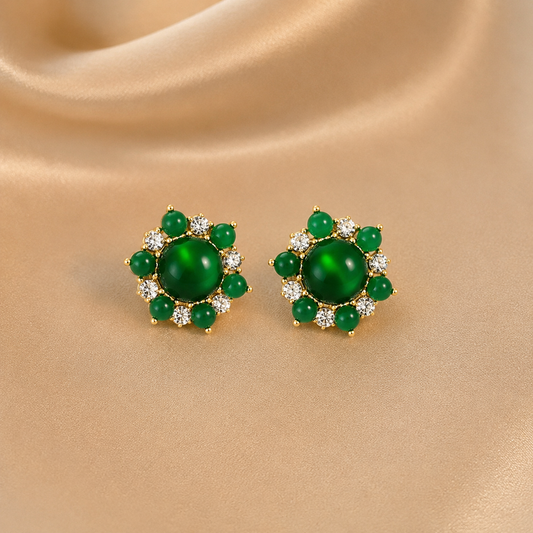 Women Green Floral Stud Earrings | Gold Plated