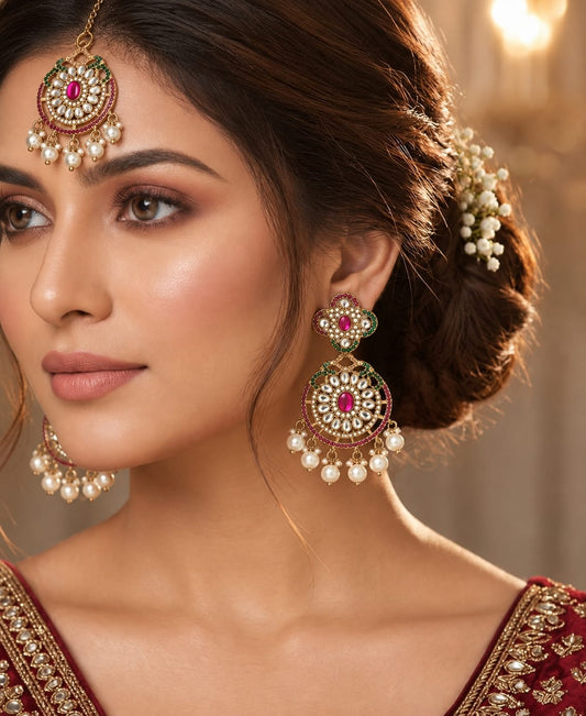 pink center stone, white kundan work drop earring with  matching maang tikka