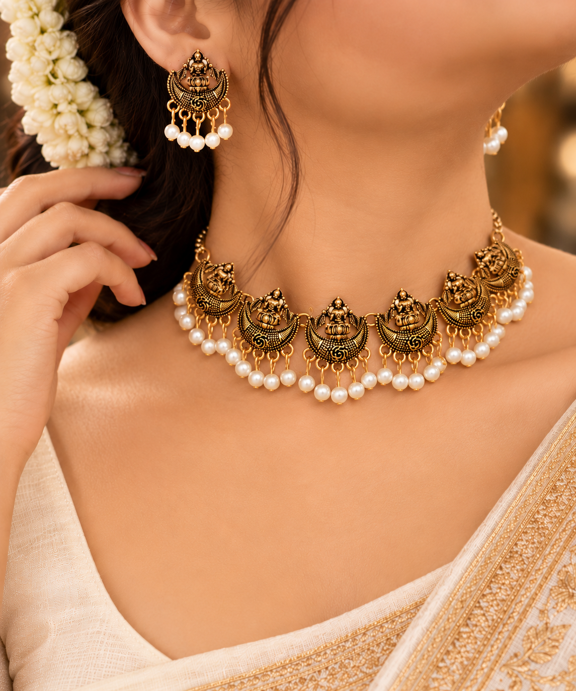 gold-tone traditional temple jewellery choker set