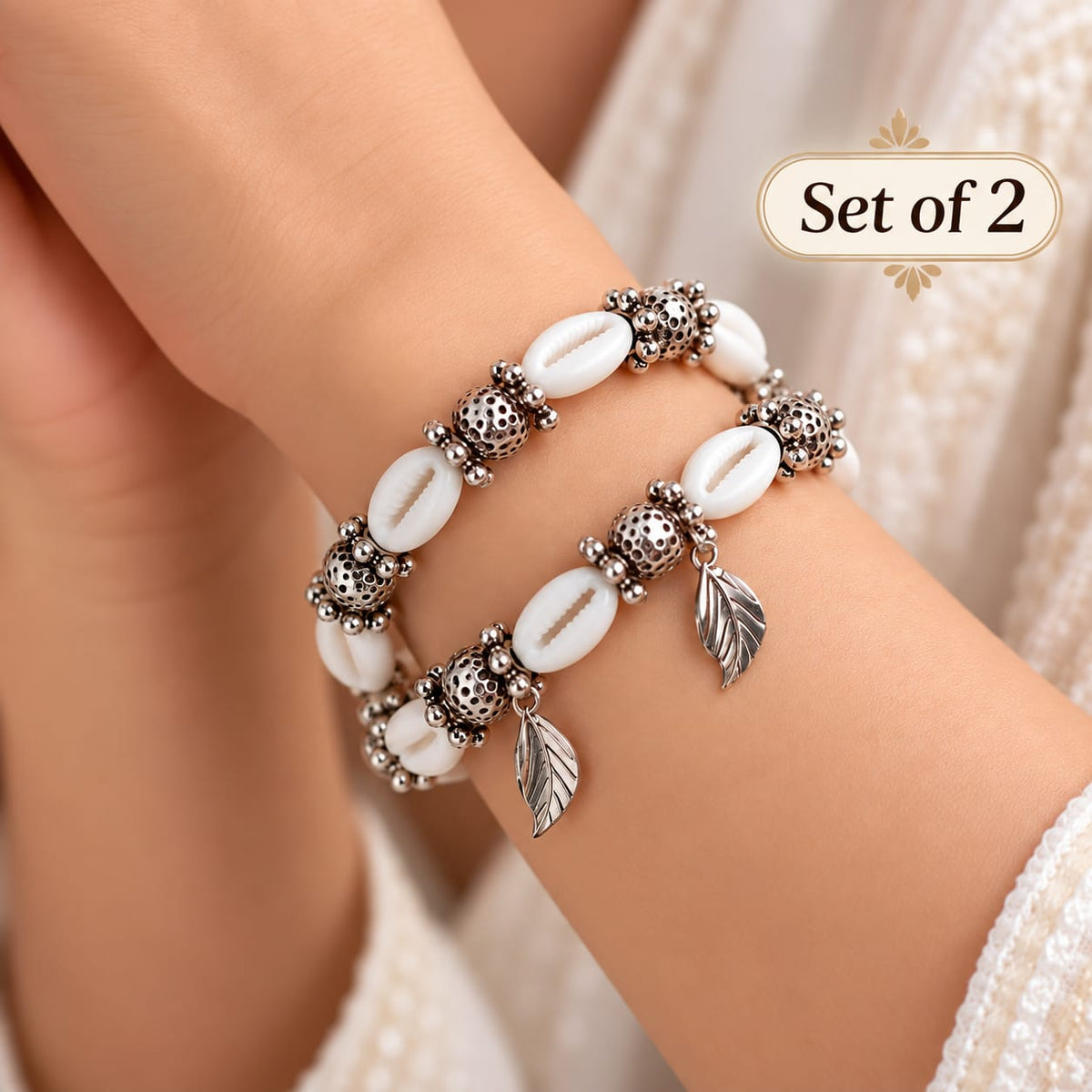 Set of 2 Bracelets with Silver-Tone Leaf Charm free size