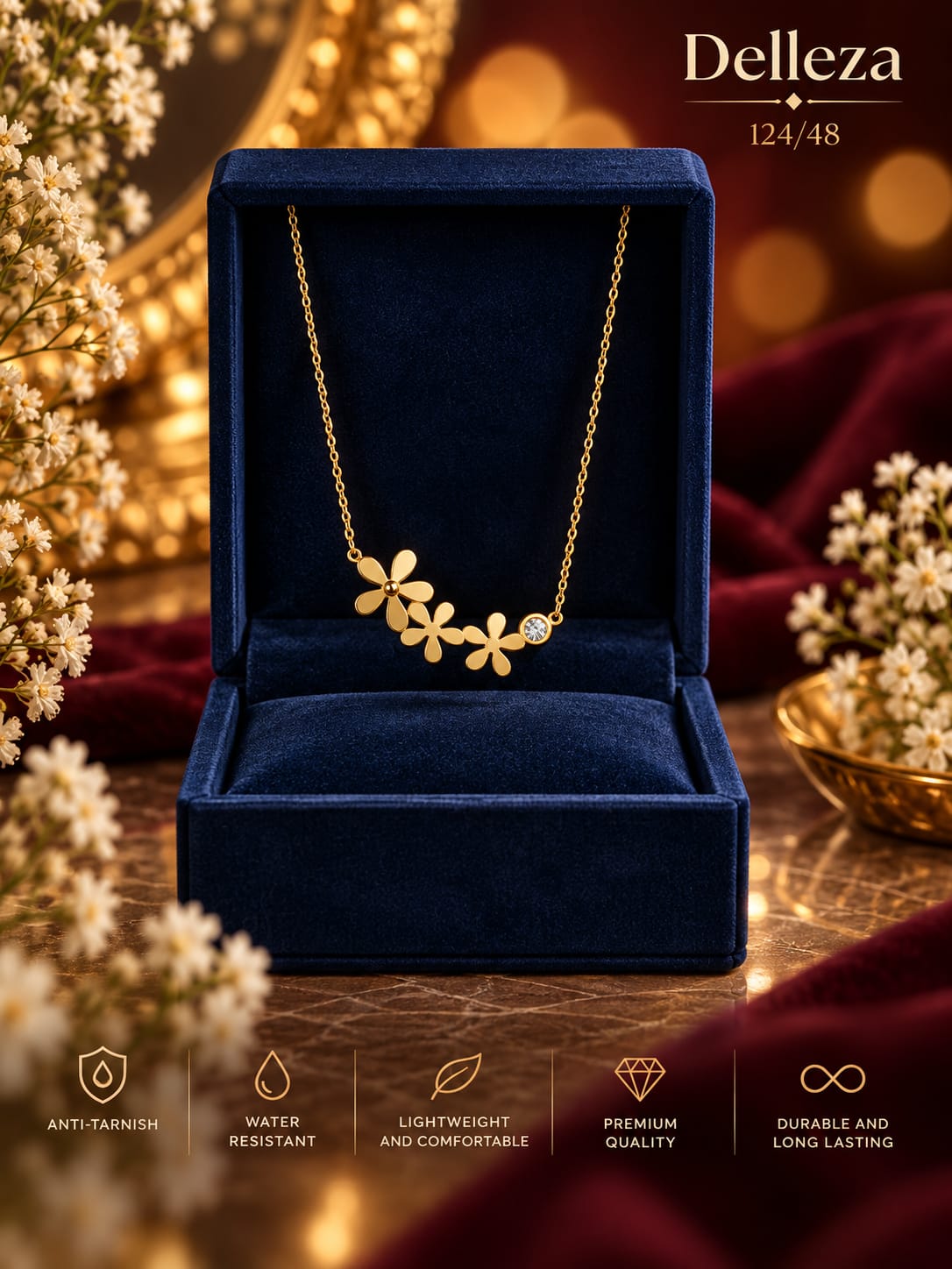 Anti tarnished with a cluster of three daisy-like flower necklace