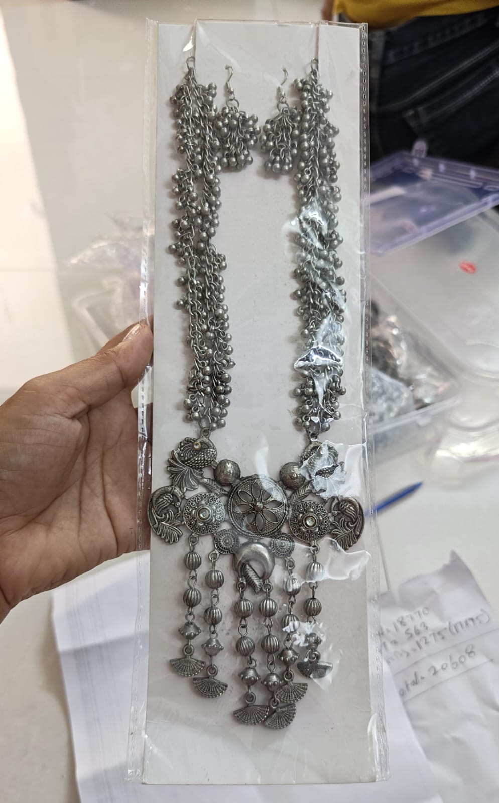 oxidized silver-plated long necklace and matching earrings set