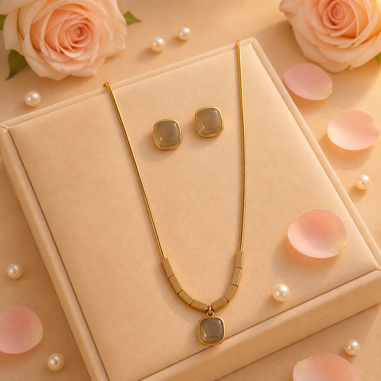 Kiyu Ziyu Minimal Stone Necklace & Stud Earrings Combo Set