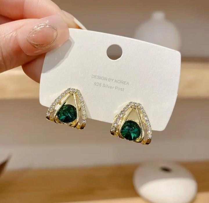 Elegant Triangle Stud Earrings, Emerald   green Stone for Girls and Women