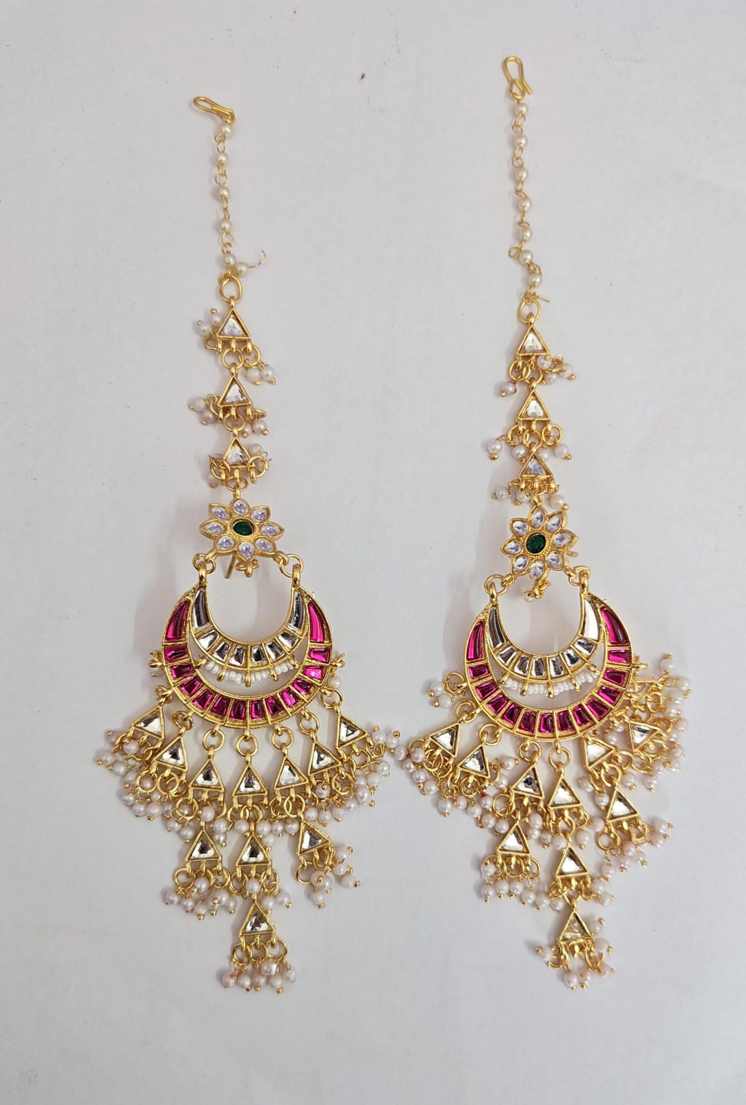 Kundan chandbali earring  pink stones and delicate pearl hair chain