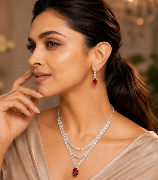 Celebrity inspired Crystal & Red Stone Necklace Set with Earrings