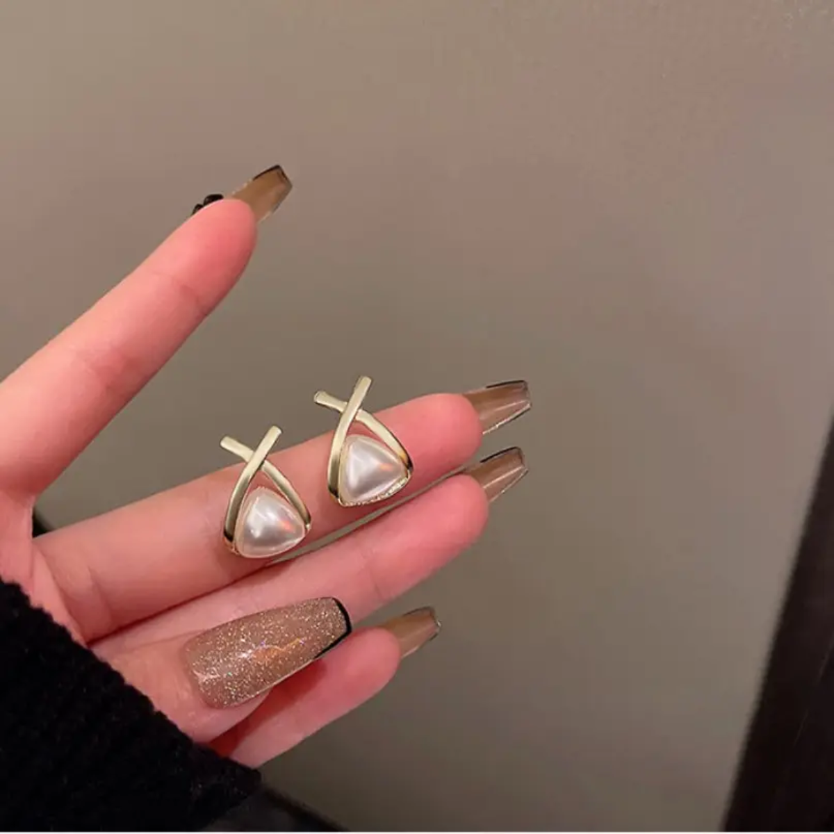Korean Pearl Stud Earrings with Gold Cross Design.