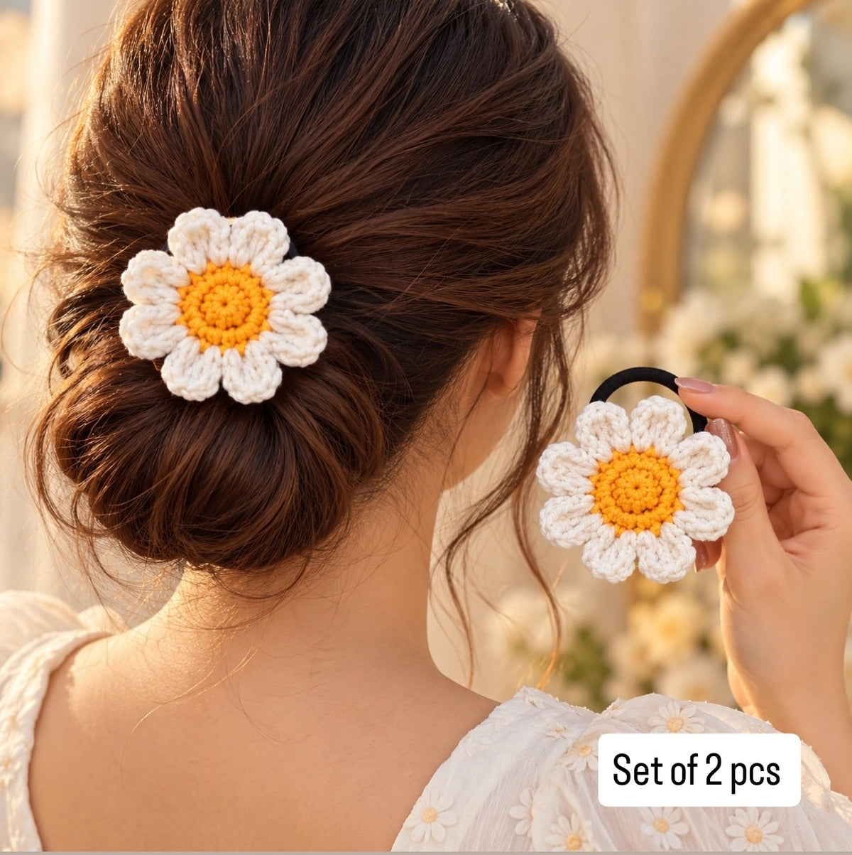 Handmade Crochet  Set of 2 White flower  Hair Rubber Bands