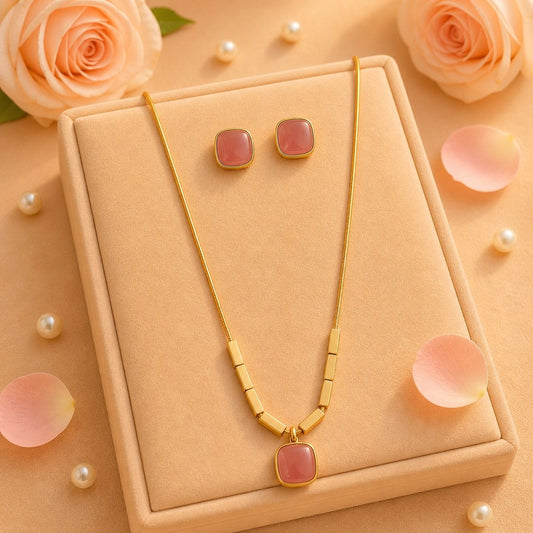 Kiyu Ziyu Minimal Stone Necklace & Stud Earrings Combo Set