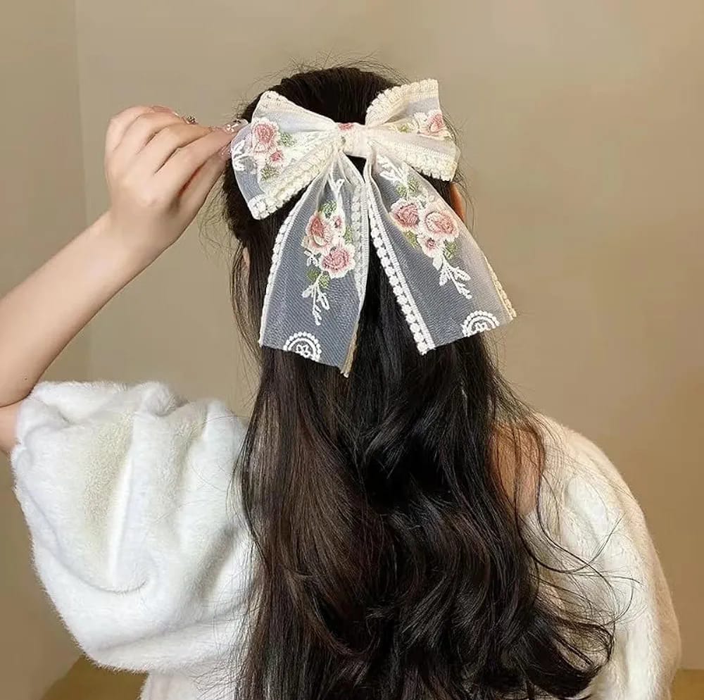 Trendy Hair Bow Clip Set of 2 (White & Cream)