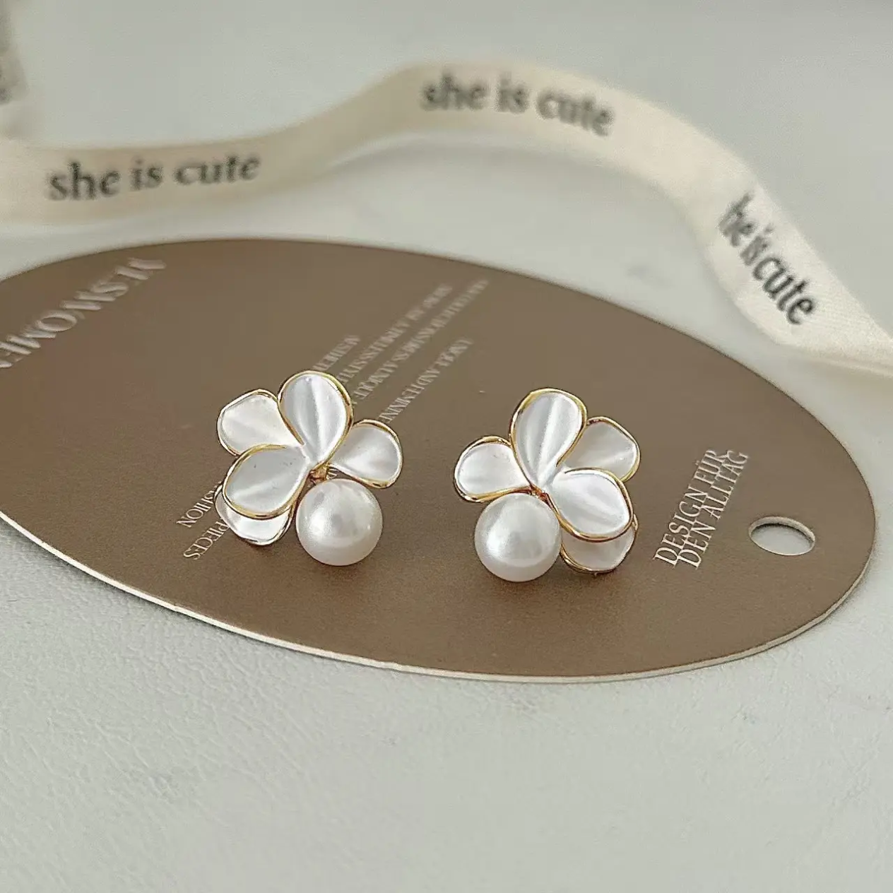 White faux pearl accent Korean flower earrings