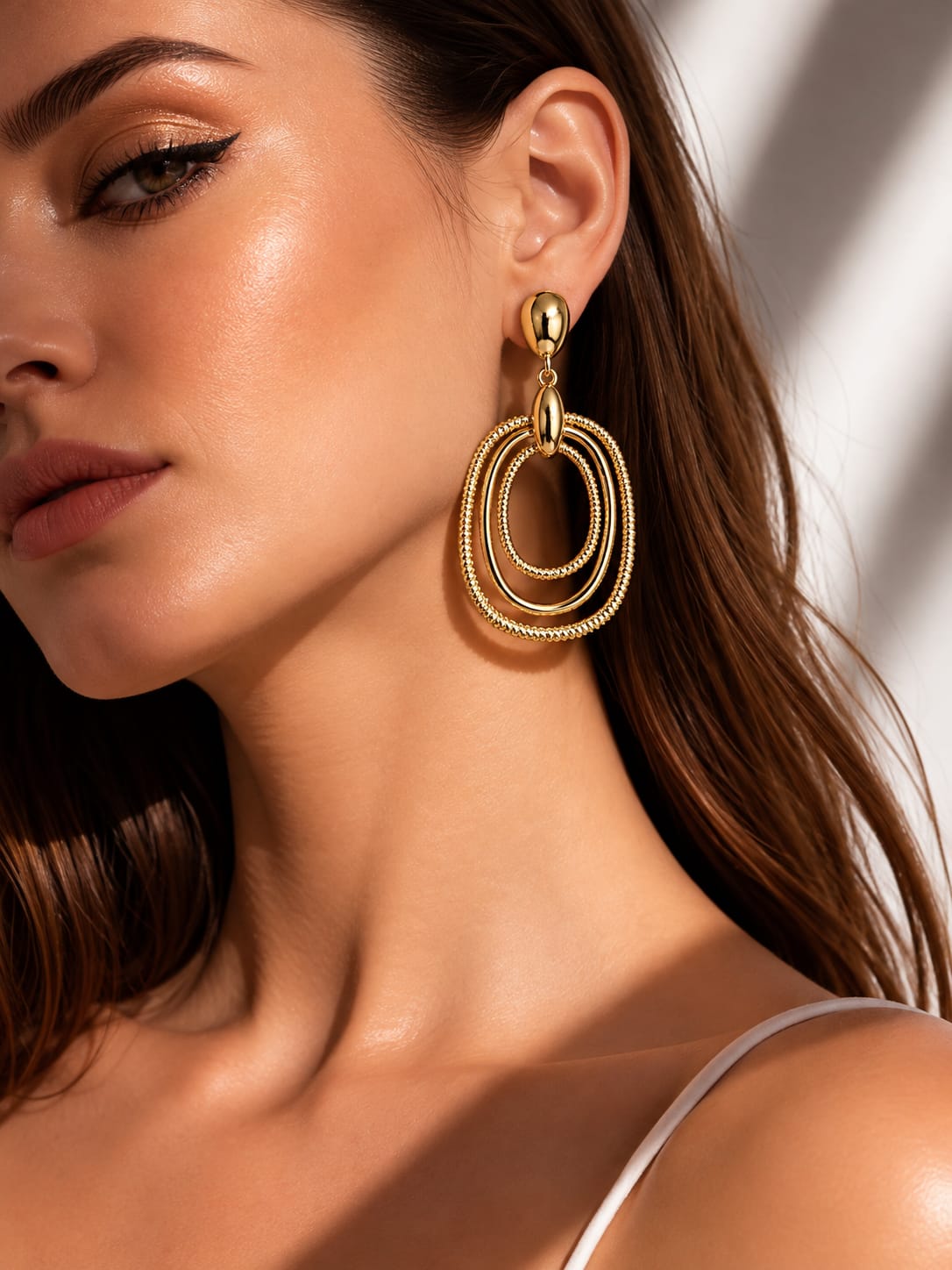 Gold-Tone Triple Oval Hoop Drop Earrings