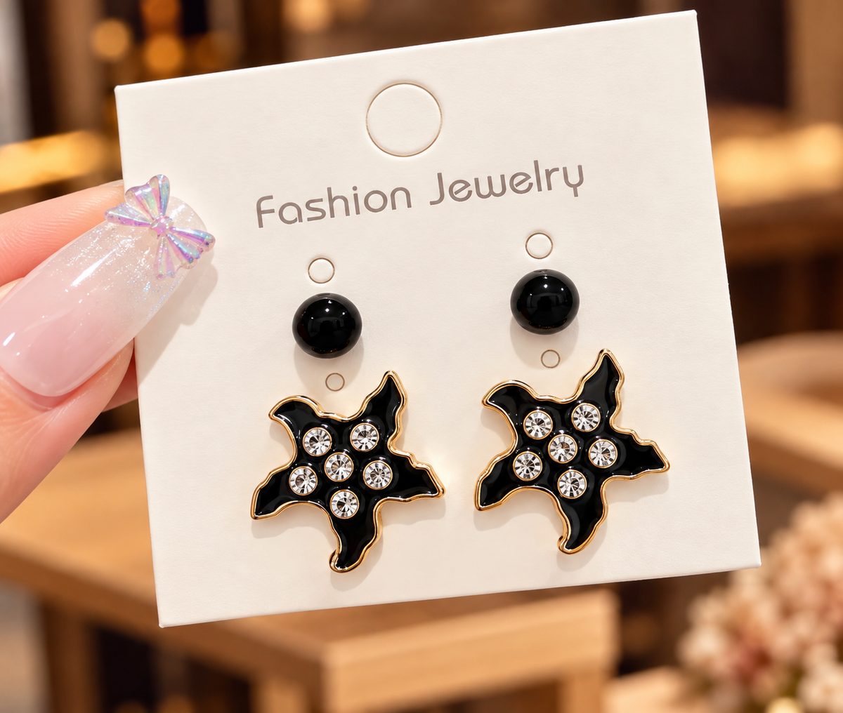 Set of 2 pair black enamel and crystal starfish stud earring
