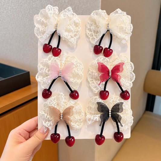 Set of 6 Cute lace bow and butterfly hair ties with cherry hanging