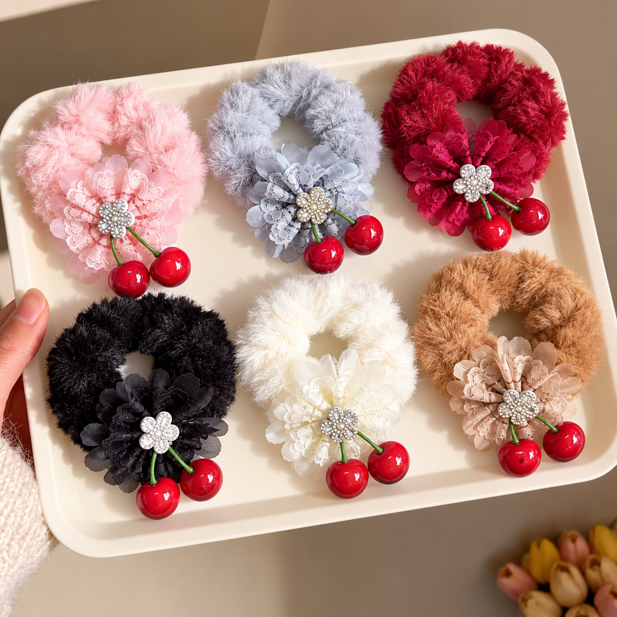 Set of 6 fluffy faux fur cherry hair scrunchies