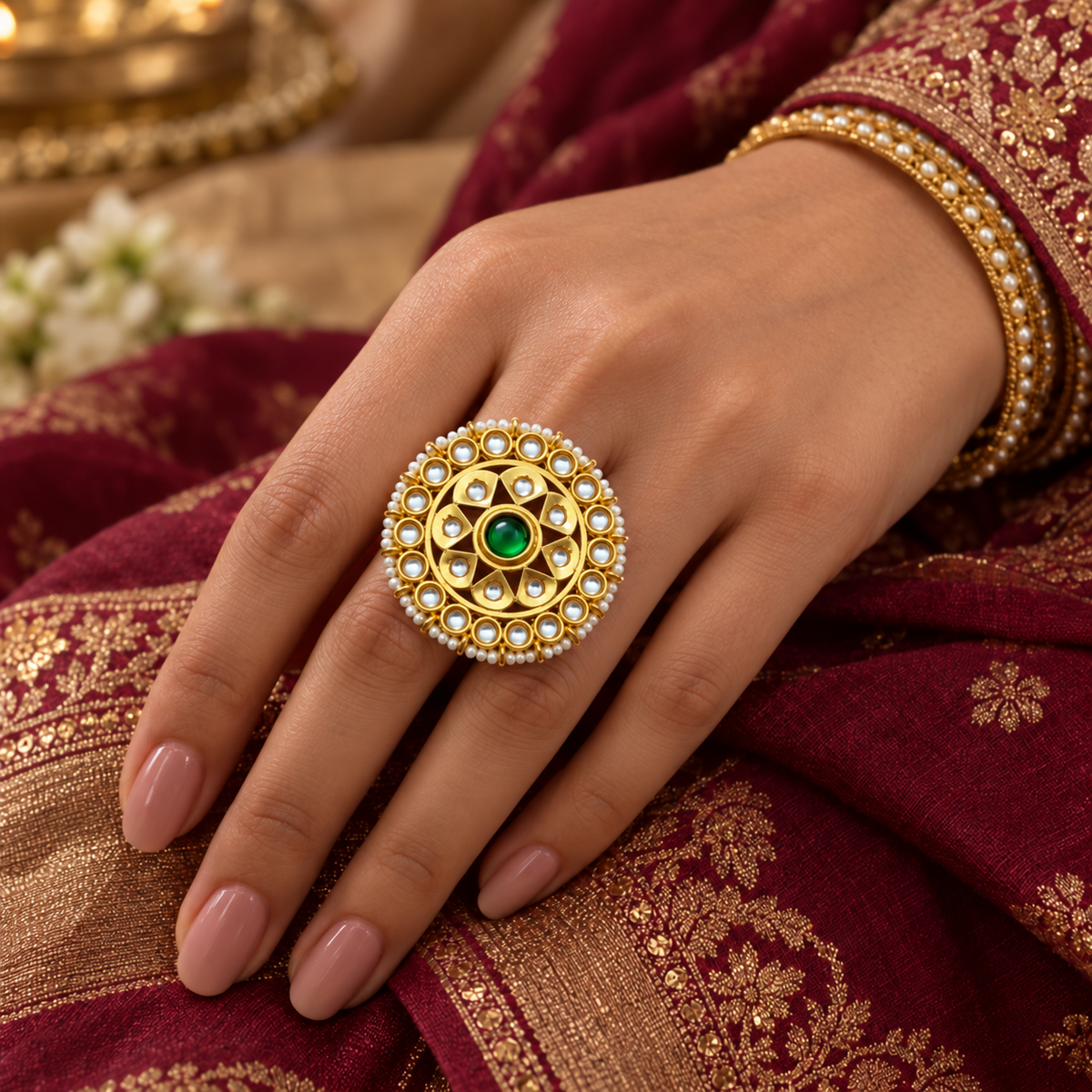 Traditional green diamond Kundan  Ring