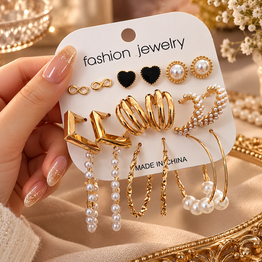 Set of 9 pairs infinity,heart,pearls and hoops combo