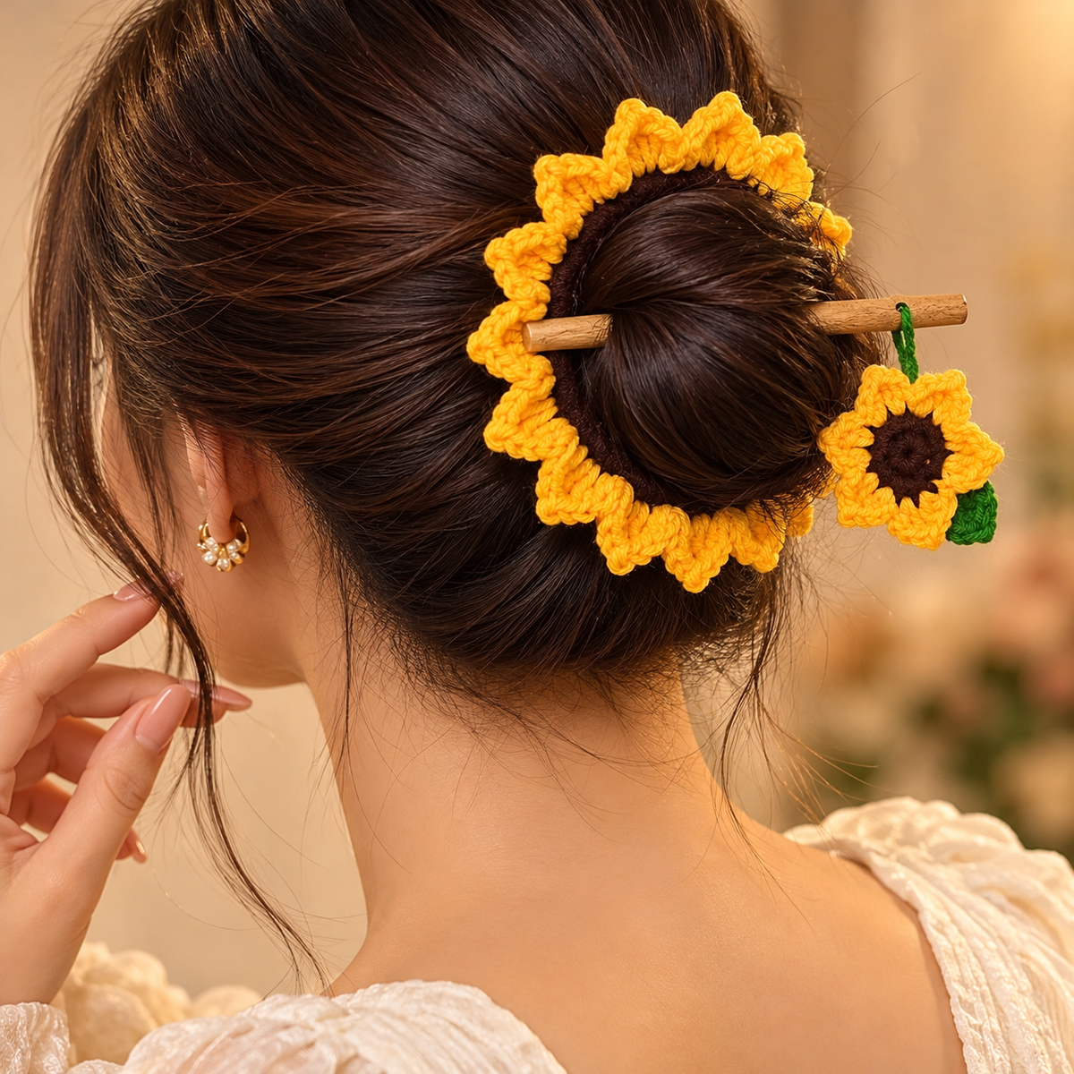 Handmade crochet sunflower hair bun stick