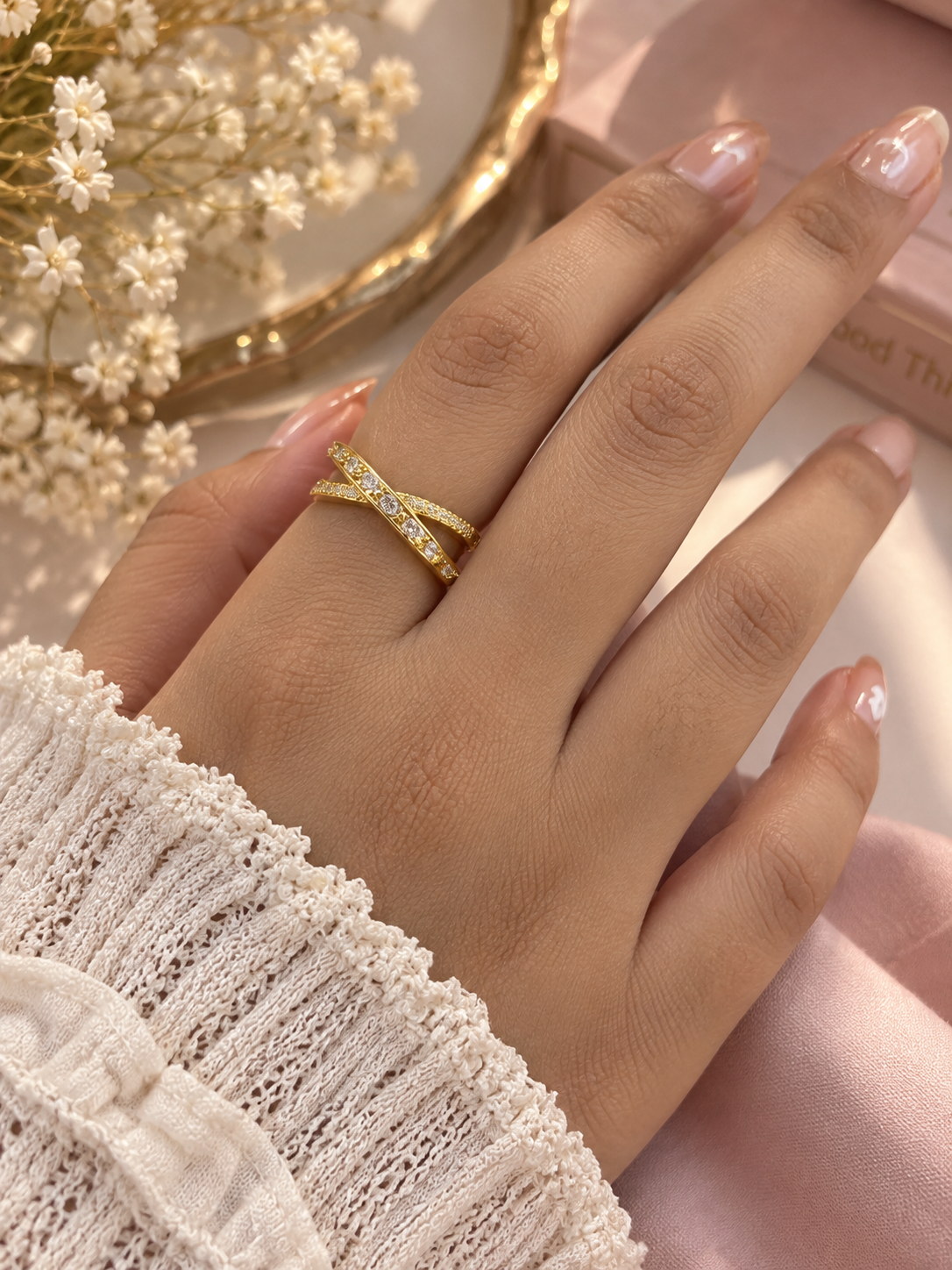 Crystal Criss Cross Golden Ring