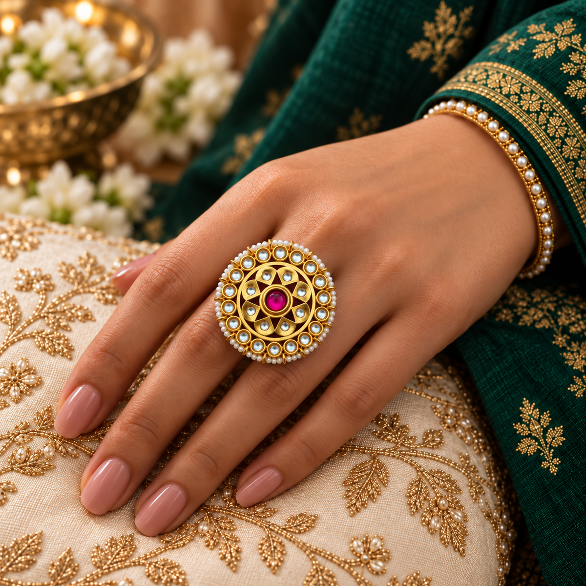 Traditional pink Kundan Pearl Statement Ring
