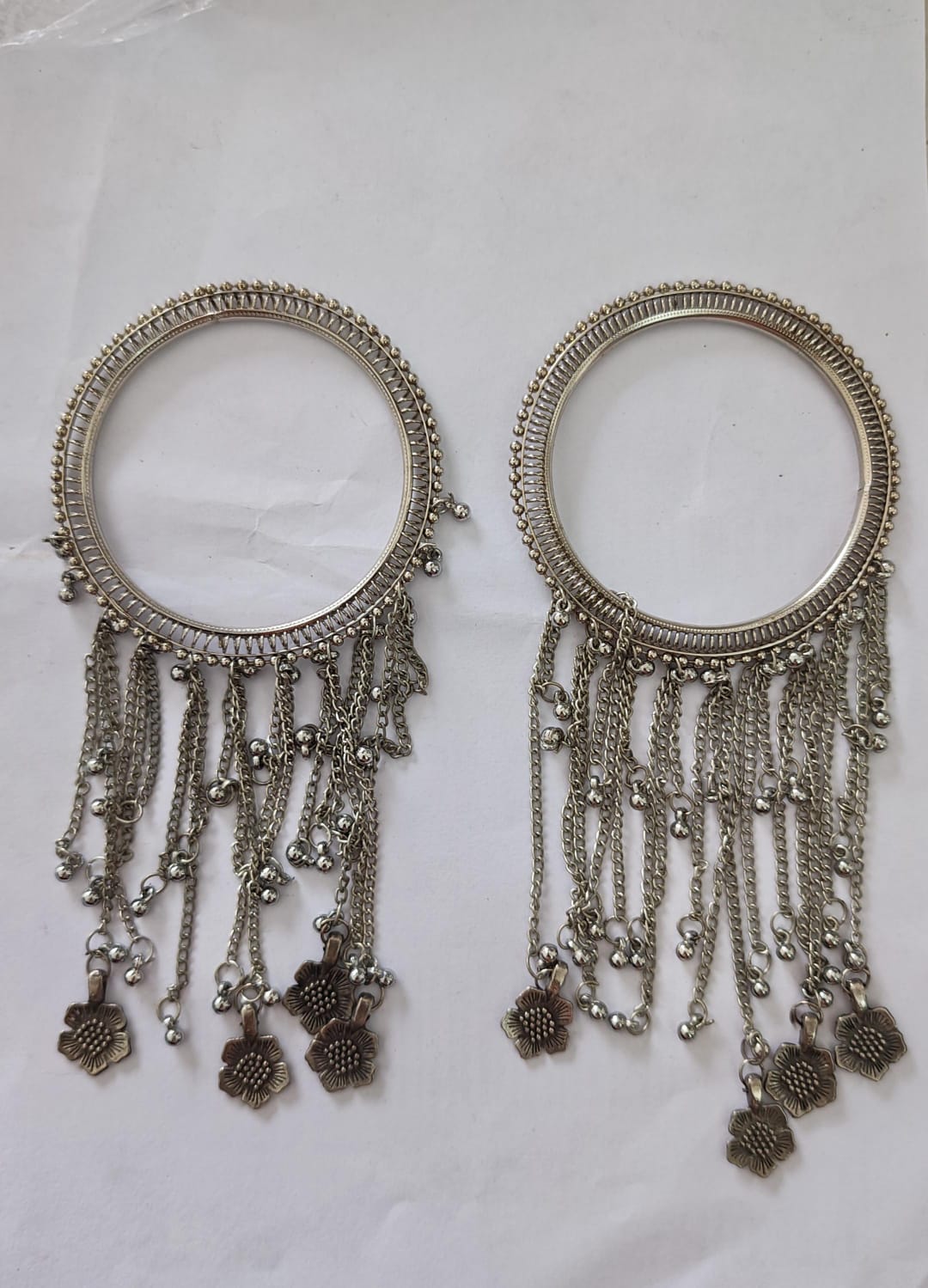 Set of 2 pcs oxidised bangle dangling chains and floral charm latkans.