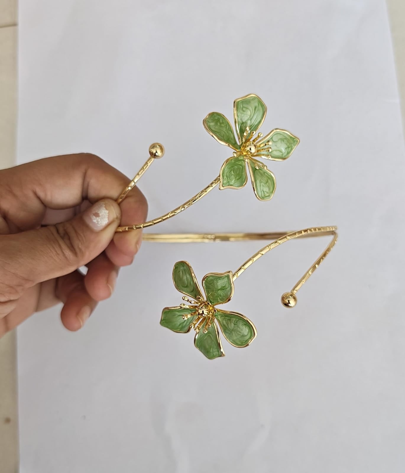 Green enamel flower gold plated arm cuff
