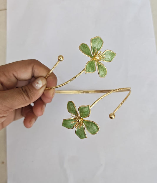Green enamel flower gold plated arm cuff