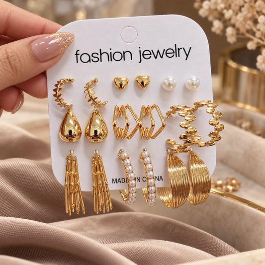 Set of 9 pairs,Kaju,heart pearls and hoops combo