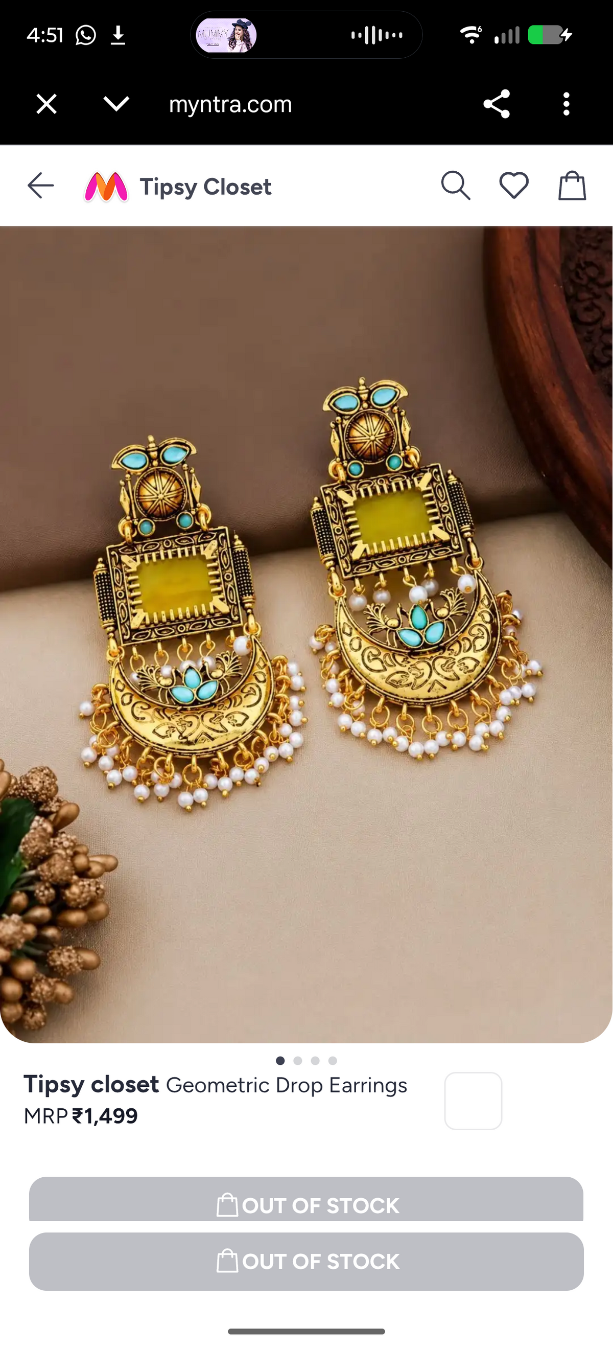 Traditional Gold Plated yellow stone  Pearl Chandbali Earring