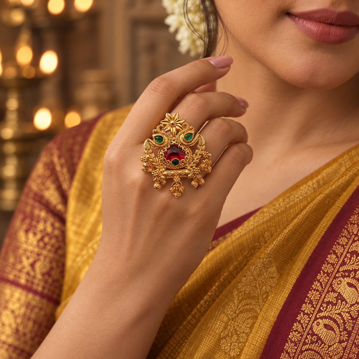 Traditional Peacock Temple Statement Ring