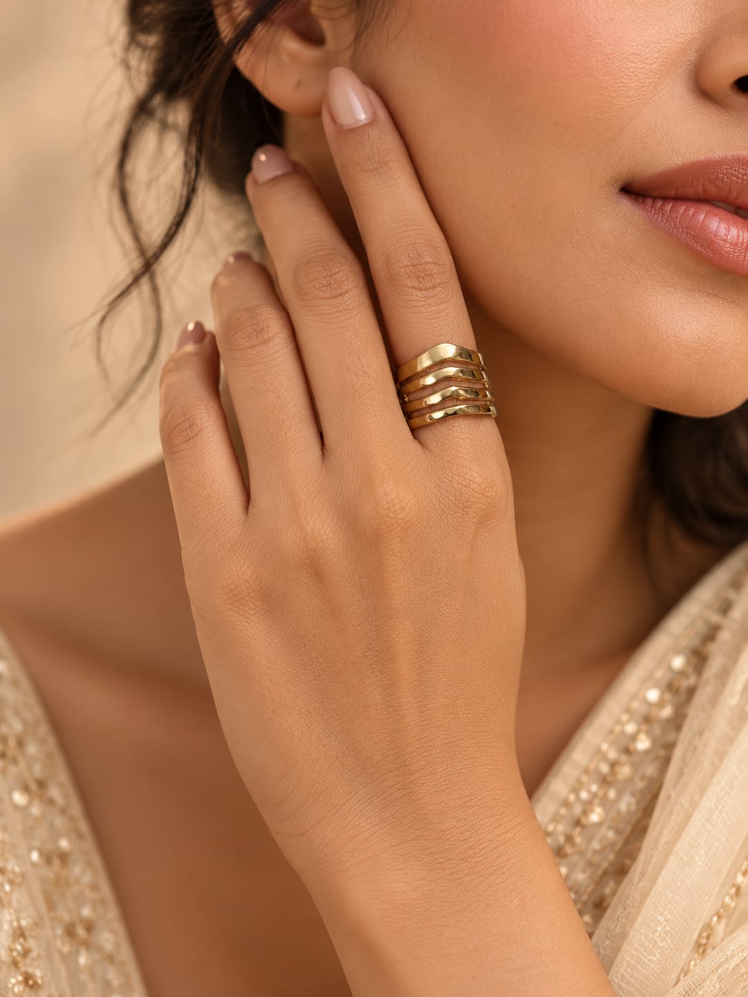Gold-Tone Layered Wave Band Ring