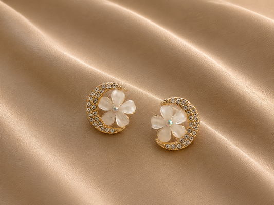 Korean Design Half Moon Flower Stud Earring