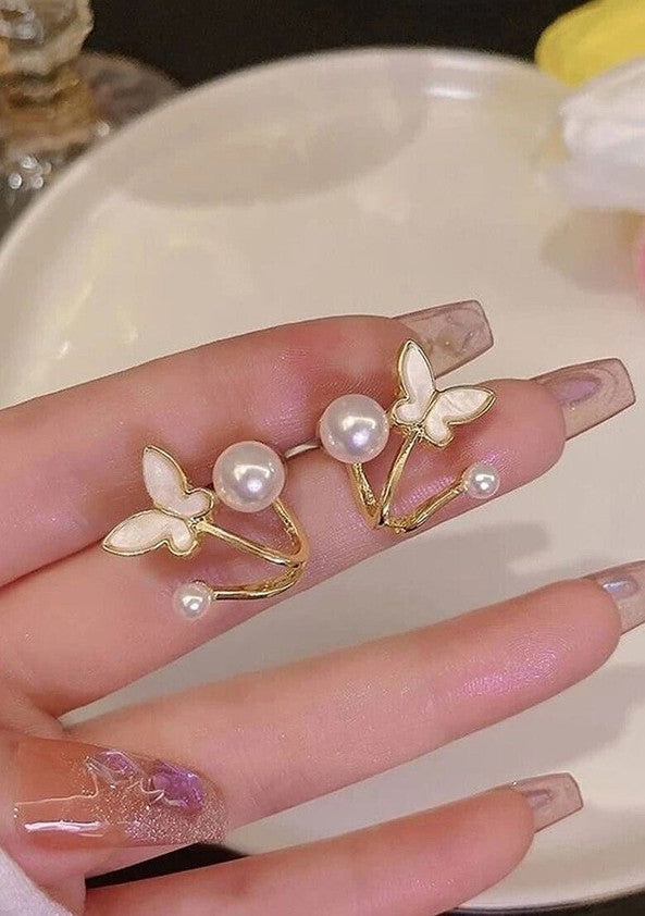 gold-plated butterfly and pearl stud/ear cuff earring