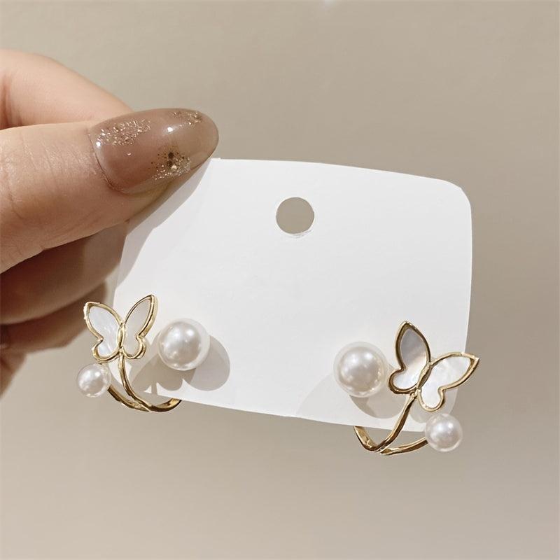 gold-plated butterfly and pearl stud/ear cuff earring