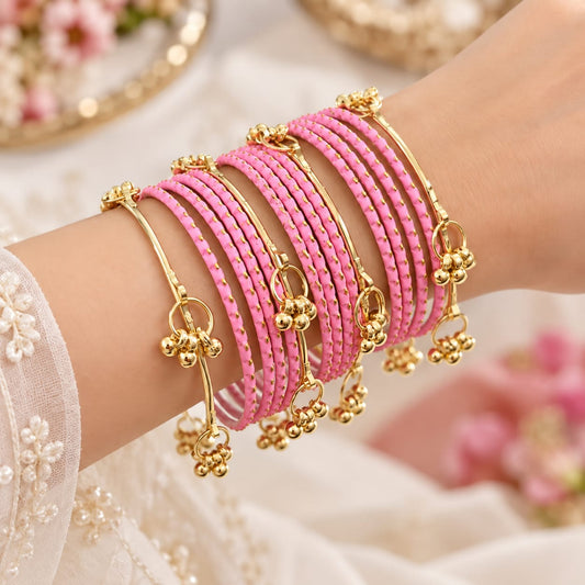 Set of 16 pcs light pink colour matte finishing with Kashmiri bangles