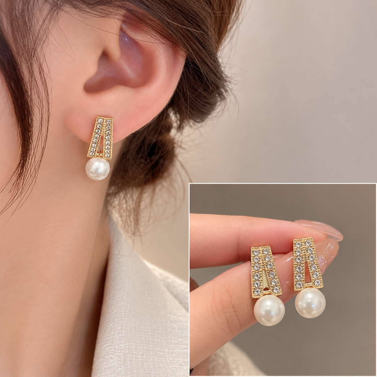 geometric top white pearl drop earring