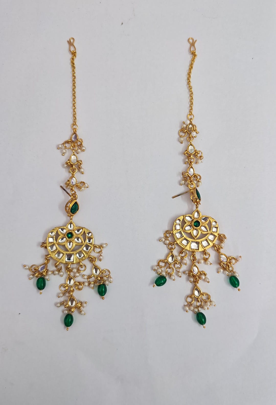 Kundan and pearl chandbali earring  green bead drops with matching ear chain