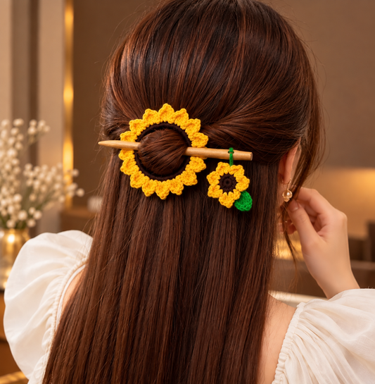 Handmade crochet sunflower hair bun stick