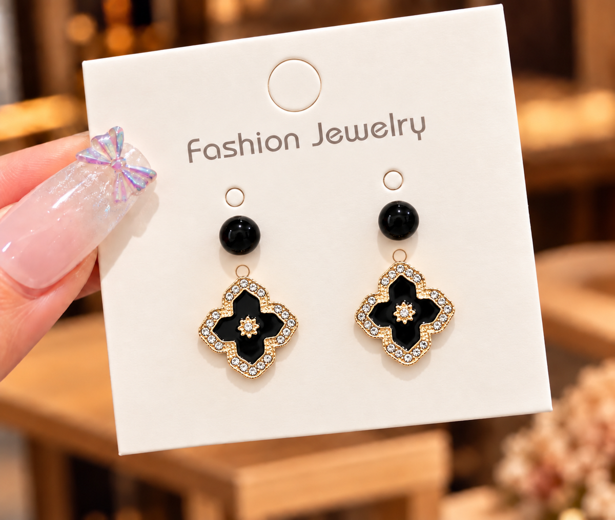 Set of 2 pair black four-leaf clover motif stud earring
