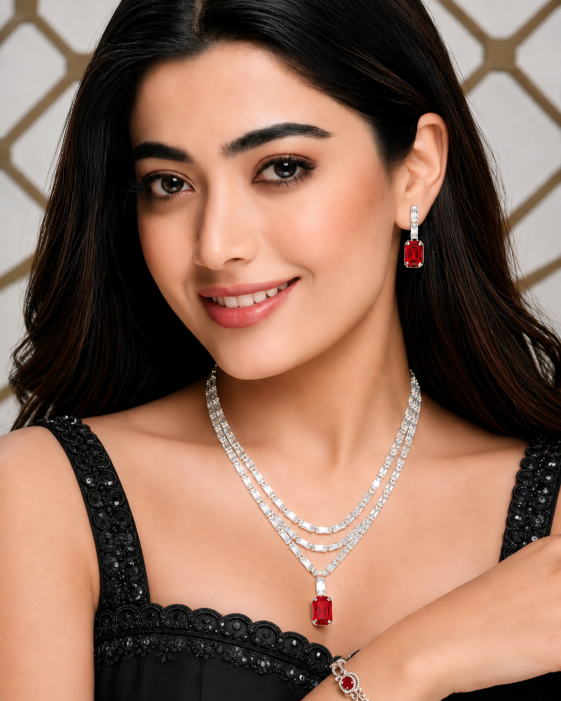 Celebrity inspired Crystal & Red Stone Necklace Set with Earrings