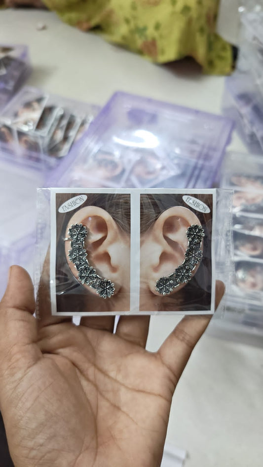 Set of 2 Oxidised Silver Floral Ear Cuffs