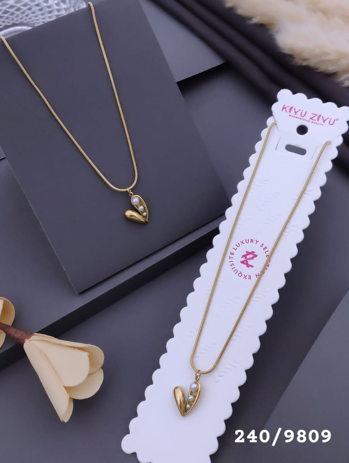 Gold-Tone Heart Pendant Necklace with Pearl Accents