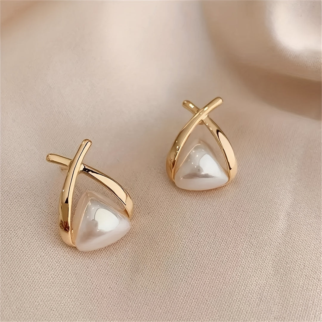 Korean Pearl Stud Earrings with Gold Cross Design.