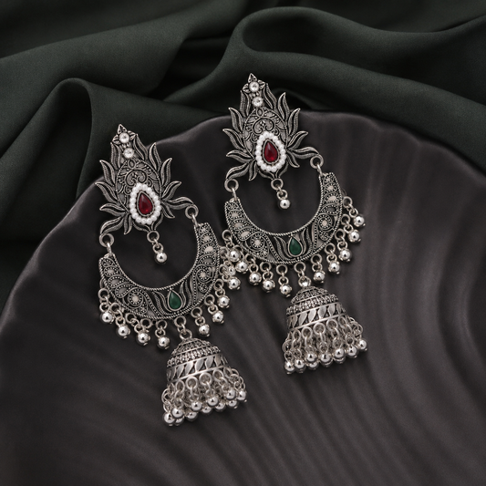 Traditional silver-oxidized brass teardrop jhumka earring