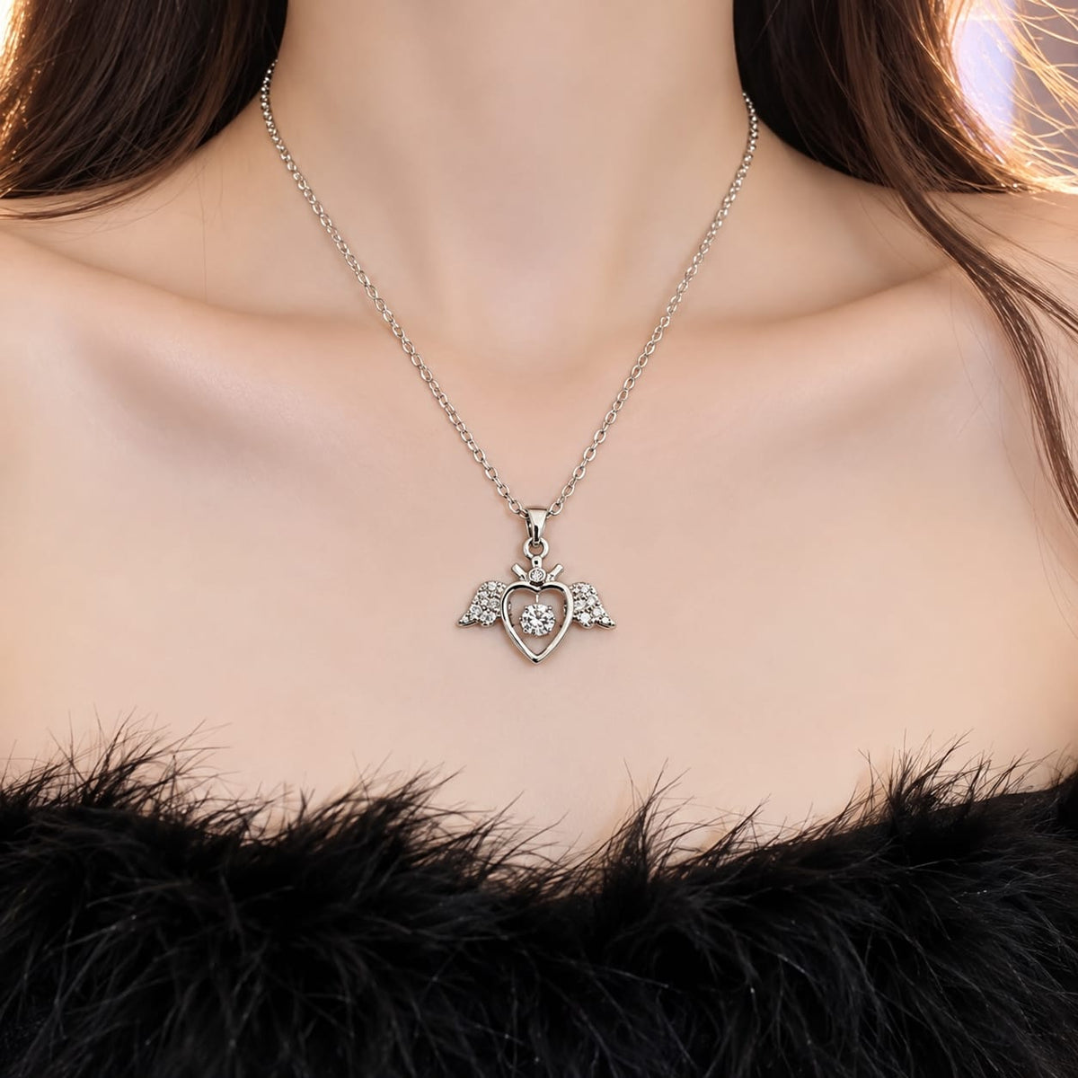 Silver Angel Wings Heart Diamond Pendant Necklace