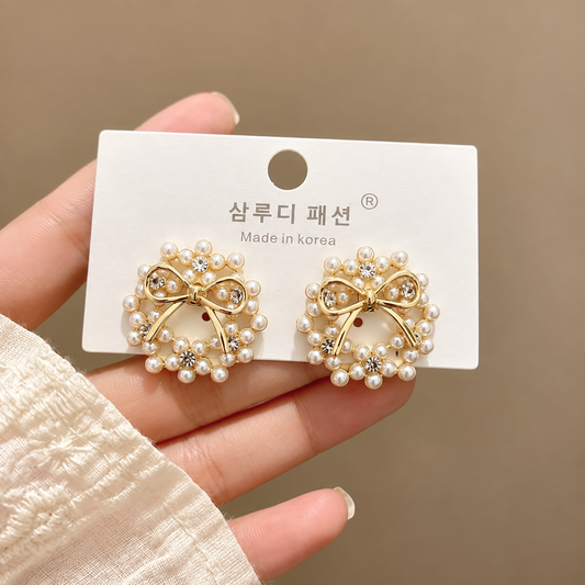 Gold plated Korean Pearl Bow Wreath Stud Earrings