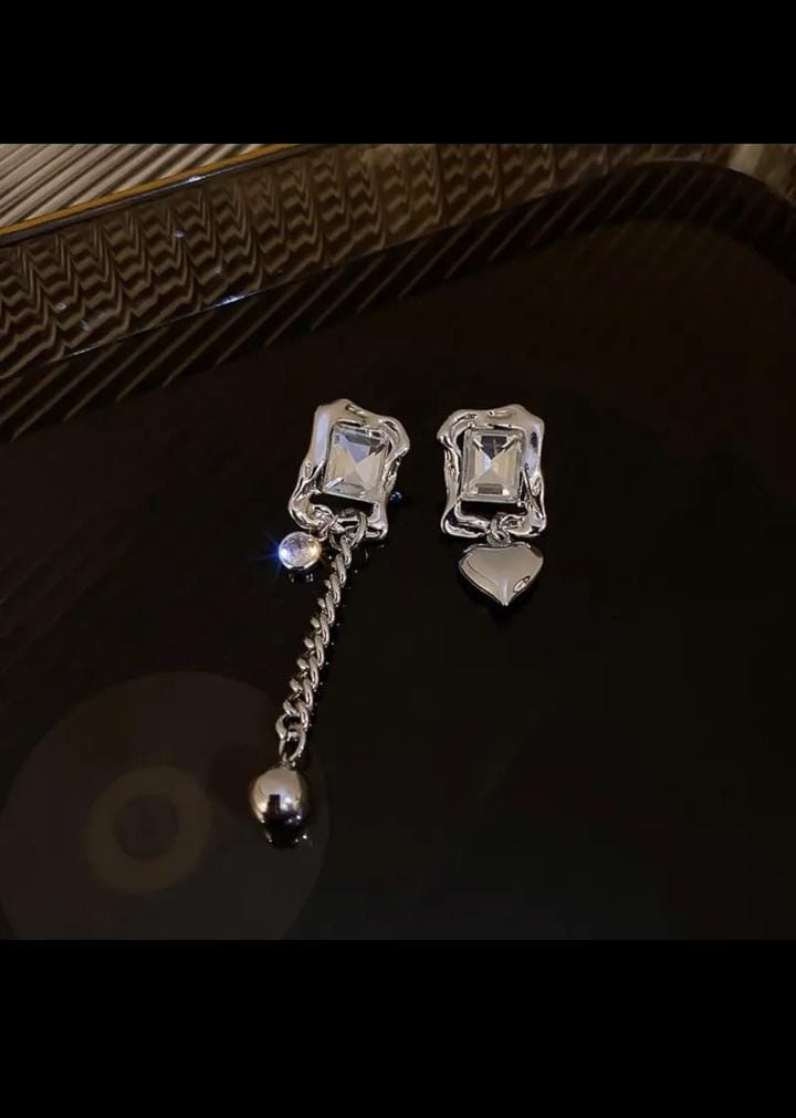 Silver Crystal Heart Chain Drop Earrings